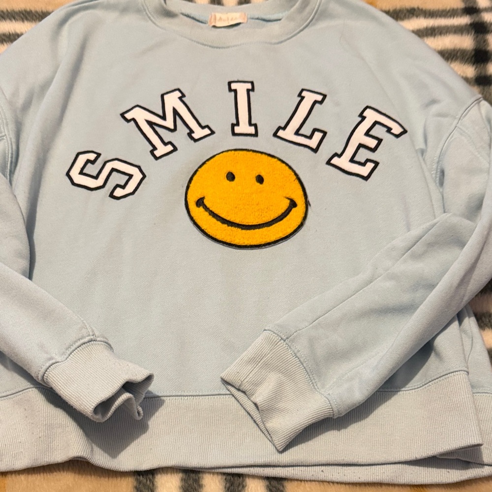 Altar'd State Light Blue 'SMILE' Sweatshirt with Yellow Smiley